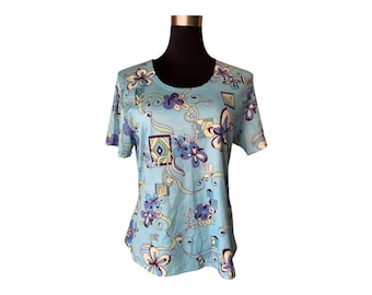RARE Vintage 90s 2000s Y2K Style Floral Geometric Print Baby Tee Blue & Purple S/M
