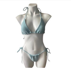 NWT Vintage 2000s Y2K String Bikini Set Sparkly Blue Brazilian Bottoms Medium