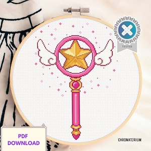 Sakura Wand Cardcaptor - Grille point de croix - Baguette de soudure étoile - Téléchargement instantané PDF - Compatible Pattern Keeper