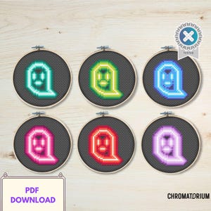 Neon Ghost Cross Stitch Pattern: Set of 6 Halloween Designs (PDF Download)