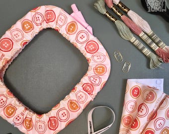 Retro Orange Buttons Grime Guard: Handmade Cotton Cross Stitch & Embroidery Frame Cover