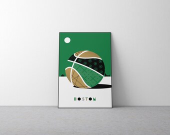 DJTD | Basketball Boston Poster Wall Art, Abstract Celtics Sport Ball Basketball Poster NBA bedroom art office room poster