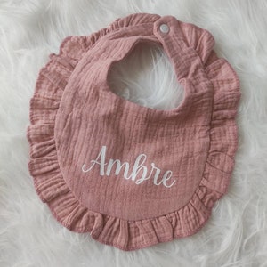 Baby infant bib double gauze with customizable ruffle first name
