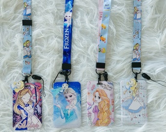 Porte Badge Carte Tour de cou Porte Clé Princesses Petite sirène Raiponce Blanche Neige Reine des Neiges Elsa Jasmine Alice Disney