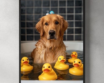 Stampa da bagno Golden Retriever: decorazione da parete per bagno in stile retrò (download digitale)