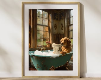 Golden Retriever Bathroom Art Print: Vintage Dog Poster (Digital Download)
