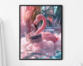 Flamingo i badkarstavla: Retro badrumsväggkonst (digital nedladdning)