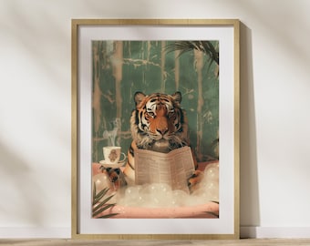 Funny Tiger in Tub Vintage Art Print: Amusing Bathroom Poster (Digital Download)