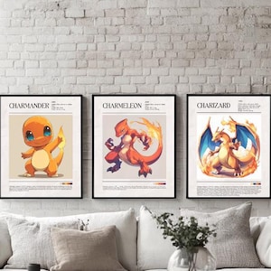 Charmander\Charmeleon\Charizard\Pokemon Poster|Wall Art for Living Room|Bedroom| Nursery| Office or Playroom|Gaming style wall decor