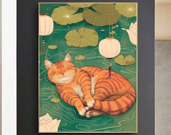 May include: A digital illustration of an orange tabby cat sleeping on a bed of green lily pads with white lanterns hanging above. The cat is curled up and has its eyes closed. The background is a green and blue watercolor wash.