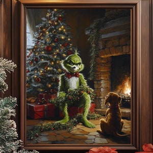 Christmas Grinch | Christmas Decor | Christmas table poster | Christmas Wall Art |Oil Painting Dog| Retro Bathroom Print