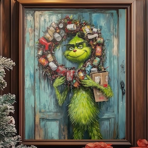 Christmas Grinch | Christmas Decor | Christmas table poster | Christmas Wall Art |Oil Painting Dog| Retro Bathroom Print