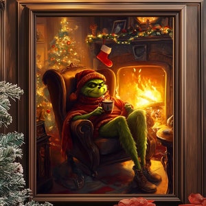 Christmas Grinch | Christmas Decor | Christmas table poster | Christmas Wall Art |Oil Painting Dog| Retro Bathroom Print