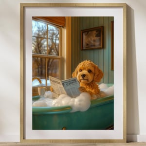 Puede incluir: Un perro marrón y blanco se sienta en una bañera turquesa llena de burbujas, leyendo un periódico. El perro tiene una expresión relajada y está rodeado de burbujas blancas. La bañera está en un baño con una ventana en el fondo.