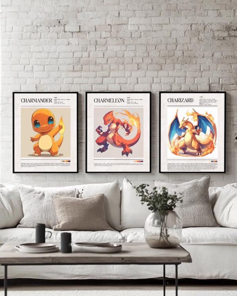 Three Pokemon posters Charmander, Charmeleon, Charizard