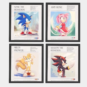 Può includere: Un set di quattro ritratti di personaggi illustrati di Sonic the Hedgehog, Amy Rose, Miles Prower e Shadow the Hedgehog. Ogni personaggio è raffigurato in uno stile cartone animato colorato su uno sfondo blu chiaro. I personaggi sono incorniciati da cornici nere con caselle di testo bianche che contengono il nome del personaggio e una breve descrizione.