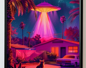 Vintage Neon Poster with Cat and UFO — Retro-Futuristic Home Decor and Gift!