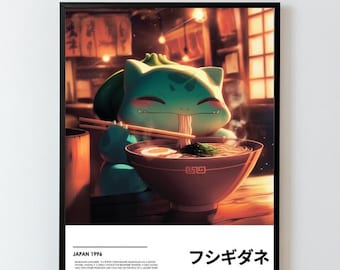 Bulbasaur Ramen Anime Poster, Japanese Gaming Wall Art (Digital Download)