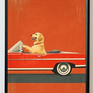 Golden retriever rijden in een klassieke auto – Retro hondenmuurkunst vintage cadeau huisdierliefhebber halverwege de eeuw modern decor hondenprint voor thuis en op kantoor