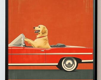 Impression d'art rétro Golden Retriever : chien moderne du milieu du siècle dans une voiture classique (téléchargement numérique)