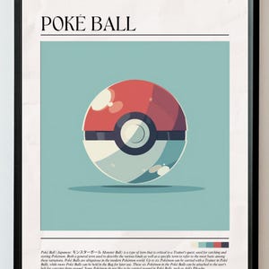 Póster de Poké Ball. Arte mural minimalista de Pokémon. Decoración de juegos retro. Impresión estilo enciclopedia. Decoración de habitación de gamer. Regalo para fanáticos de Pokémon
