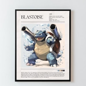 May include: A poster featuring a blue and brown Blastoise Pokemon illustration with the text "BLASTOISE" in large white letters at the top. The poster also includes information about Blastoise, including its abilities, height, and weight.