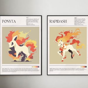 May include: Two framed posters featuring stylized illustrations of Ponyta and Rapidash. The Ponyta poster shows a white pony with orange, yellow, and red flames. The Rapidash poster depicts a white unicorn with similar fiery elements. Both posters have text.