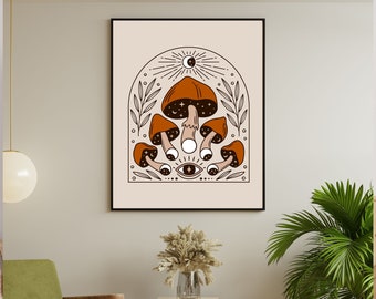 Impresión de pared de setas, cartel de setas, impresión descargable de los años 70, arte de setas mágicas, linda impresión de pared imprimible, ilustración botánica