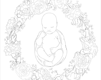 January Birth Flower, Carnation Floral Wreath with Newborn, Wood Framed Wall Art
