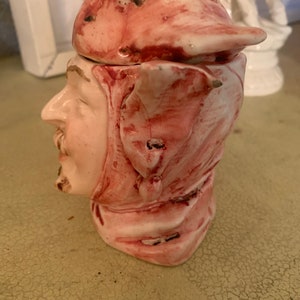 Antique Red Jester Ceramic Tobacco Jar 1800s Fine Art Ceramic Devil Tobacciana Collectible