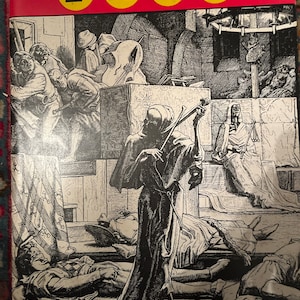 May include: A black and white illustration of a hooded figure standing in a room with several people lying on the floor. The figure is holding a long, thin object in their right hand. The room is dimly lit and there are several pieces of furniture in the background.