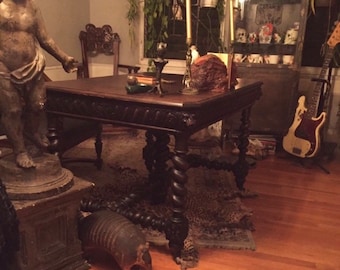 French Antique Kitchen Table 1840s Carved Wood Lion Head & Tourniquet Gothic Dinner/Office Furniture