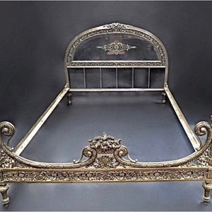 French Antique Circa 1915-1929 Bed Frame 100% Silver Over Bronze With beveled Crystal Glass
