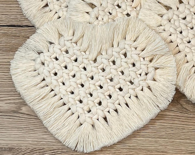 Handmade Heart Woven Macrame Coasters • Boho Decor • Housewarming Gift Set