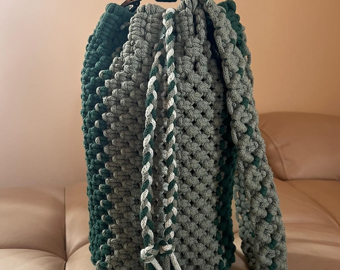 Chunky Macrame Shoulder Bag in Green | Handmade Boho Drawstring Bag