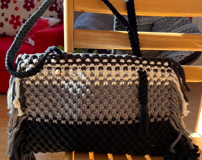 Handmade macrame shoulder bag with fringe, Hand woven bag for women
