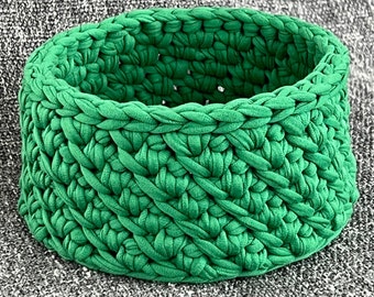 Round Green Crocheted Storage Basket with Wooden Base, Housewarming Gift