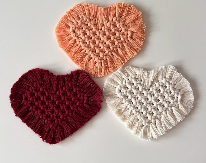 Handmade Heart Woven Macrame Coasters • Boho Decor • Housewarming Gift Set