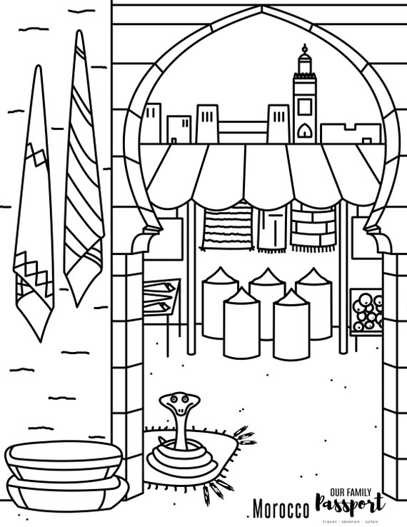 Morocco Market Coloring Page, Morocco Coloring Page, African Coloring Page  