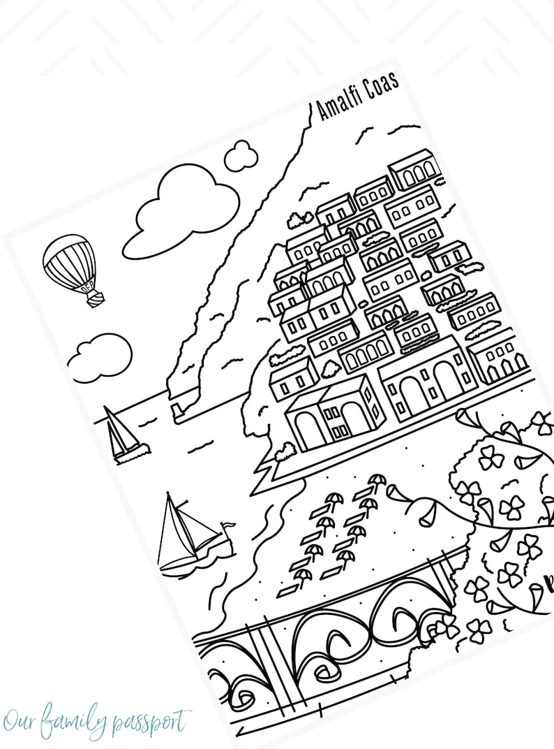 Amalfi Coast Travel Themed Printable Coloring Page | Digital Coloring ...