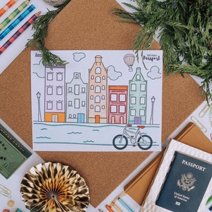 Pagina da colorare di Amsterdam, stampabile Pagina da colorare di viaggio di Amsterdam stampabile