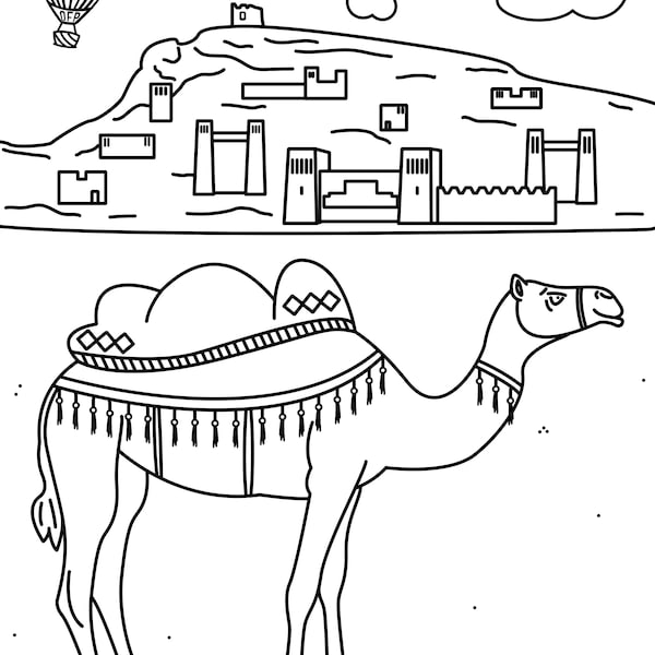 African Desert Coloring Page, Digital and Printable Morocco Coloring Page, Camel Coloring Page for Kids