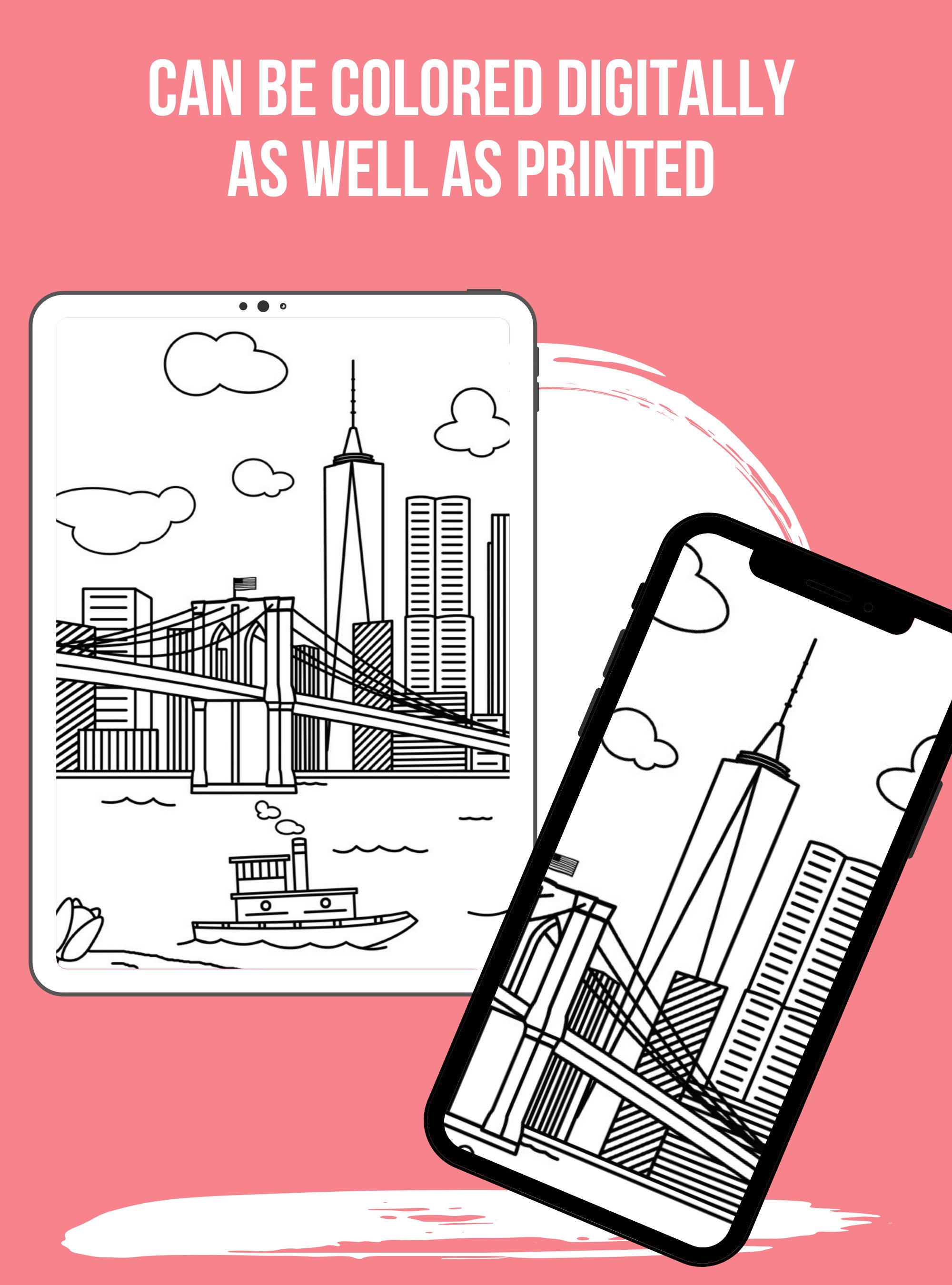 New York Brooklyn Bridge City Coloring Page - Etsy
