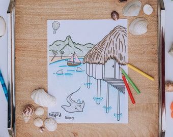Sting Ray Island Bungalow Ocean Coloring Page | Hand Drawn Ocean Coloring Page for Kids