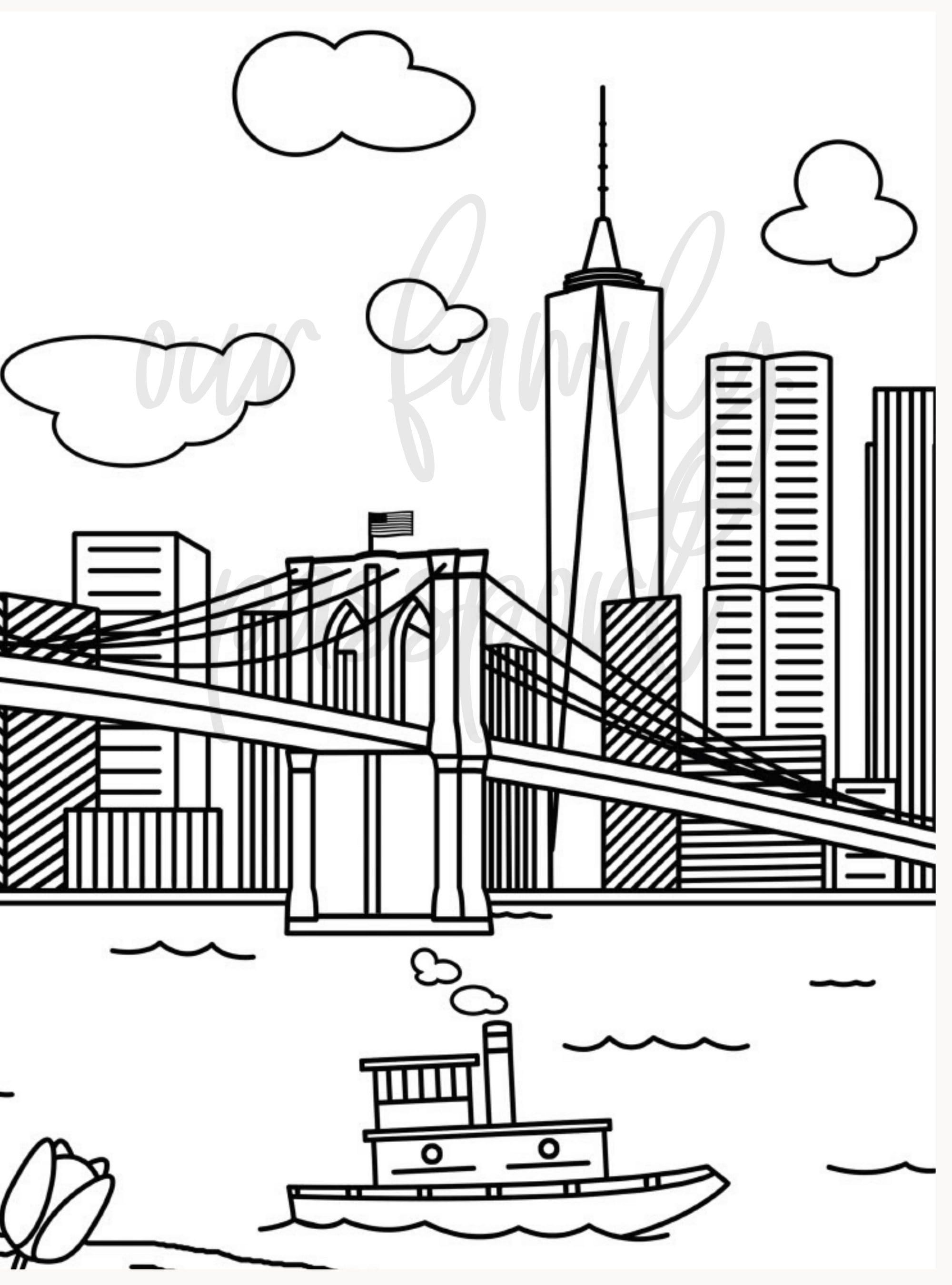 New York Brooklyn Bridge City Coloring Page - Etsy