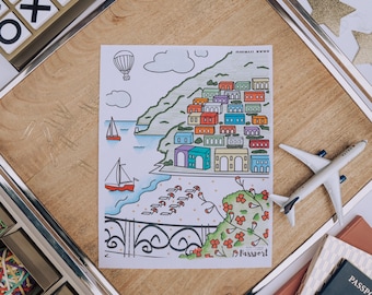 Amalfi Coast Travel Themed Printable Coloring Page | Digital Coloring Pages for Kids