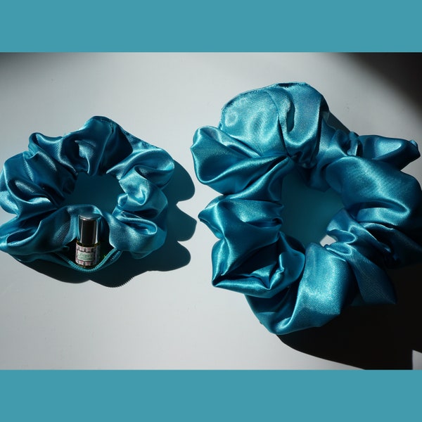 Turquoise Poly Satin Scrunchie+ / XL Scrunchie / Duo | Hair tie Wedding XXL Oversized Jumbo size | Scrunchie Pocket Zipper Scrunchieplus