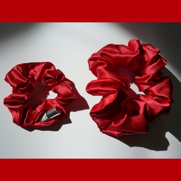 Crimson Poly Satin Scrunchie+ / XL Scrunchie / Duo | Hair tie Wedding XXL Oversized Jumbo size | Scrunchie Pocket Zipper Scrunchieplus