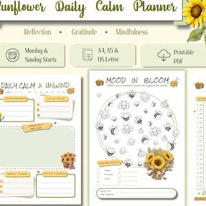 May include: A digital Sunflower Daily Calm Planner set featuring 10 printable pages. The layout includes sections for daily intentions, mood tracking with bee illustrations, and schedules. The design uses a soft green and yellow color palette.