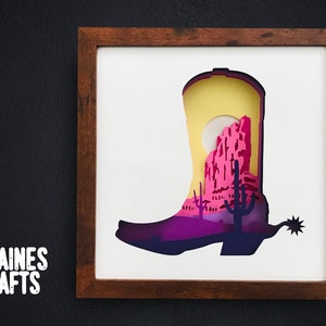 Desert Cactus Shadow Box SVG | Wild West Cowboy Boot 3D Layered Art | Cricut & Silhouette | svg, dxf, png, studio files | Digital Download